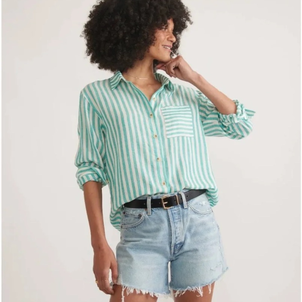 Marine Layer Abbey Striped Green Button Down Shirt M
